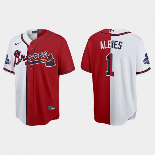 Atlanta Atlanta Braves #1 Ozzie Albies Men's 2021 World Series Champions Split Red White Stitched Jersey Men's