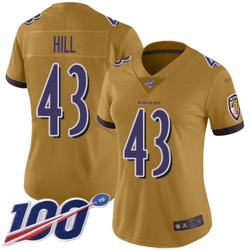 Baltimore Ravens #43 Justice Hill Gold Women's Stitched Limited Inverted Legend 100th Season Jersey Womens