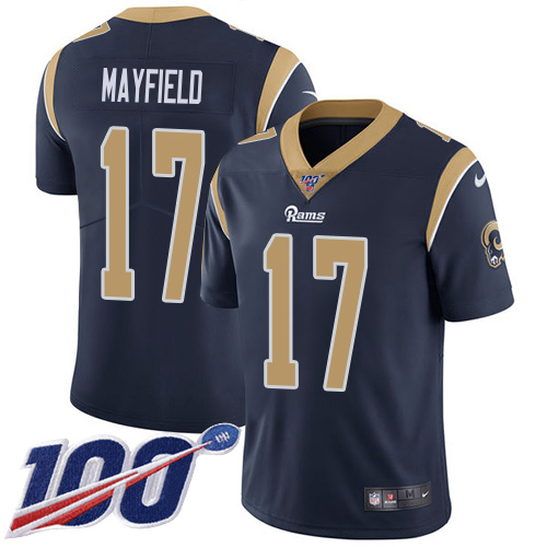 Rams #17 Baker Mayfield Navy Blue Team Color Men's Stitched 100th Season Vapor Limited Jersey