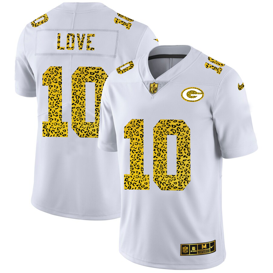 Green Bay Packers #10 Jordan Love Men's Flocked Leopard Print Vapor Limited Jersey White
