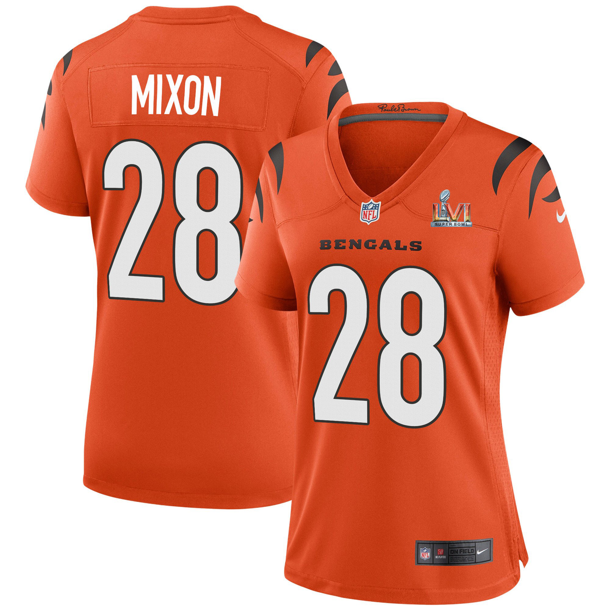 Cincinnati Bengals #28 Joe Mixon Orange Super Bowl LVI Patch Women's Game Jersey