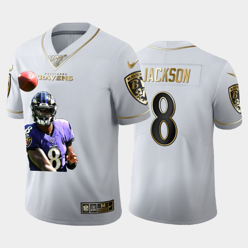 Baltimore Ravens #8 Lamar Jackson Team Hero 6 Vapor Limited 100 Jersey White Golden