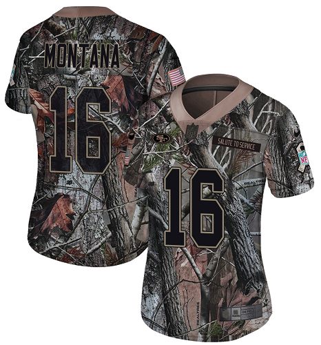 49ers #16 Joe Montana Camo Women's Stitched Limited Rush Realtree Jersey