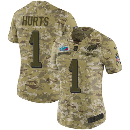 Eagles #1 Jalen Hurts Camo Super Bowl LVII Patch Women's Stitched Limited 2018 Salute To Service Jersey