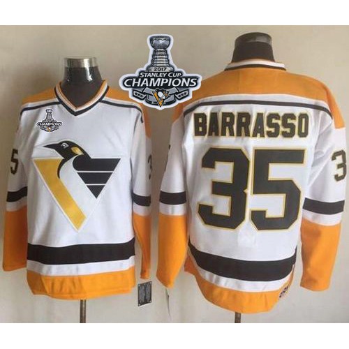 Pittsburgh Penguins #35 Tom Barrasso White/Yellow CCM Throwback 2017 Stanley Cup Finals Champions Stitched Jersey Men's