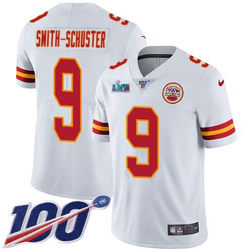 Chiefs #9 JuJu Smith-Schuster White Super Bowl LVII Patch Youth Stitched 100th Season Vapor Limited Jersey