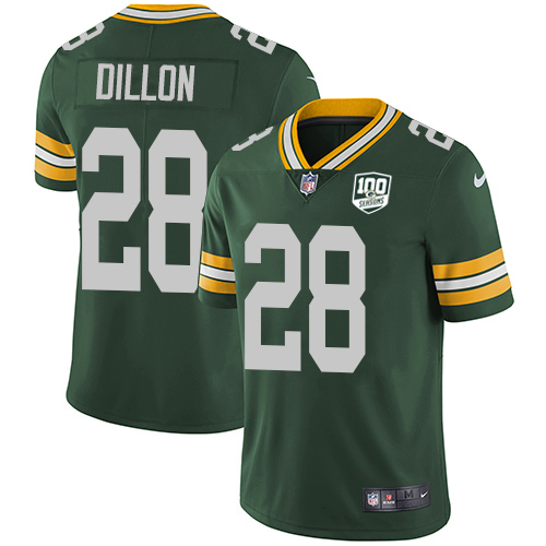Packers #28 AJ Dillon Green Team Color Men's 100th Season Stitched Vapor Untouchable Limited Jersey