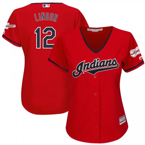 Cleveland Guardians #12 Francisco Lindor Majestic Women's Alternate 2019 All-Star Game Patch Cool Base Player Jersey Scarlet Womens