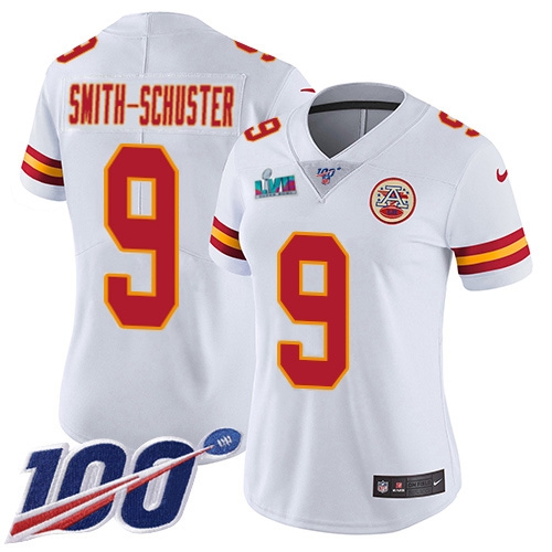 Chiefs #9 JuJu Smith-Schuster White Super Bowl LVII Patch Women's Stitched 100th Season Vapor Limited Jersey