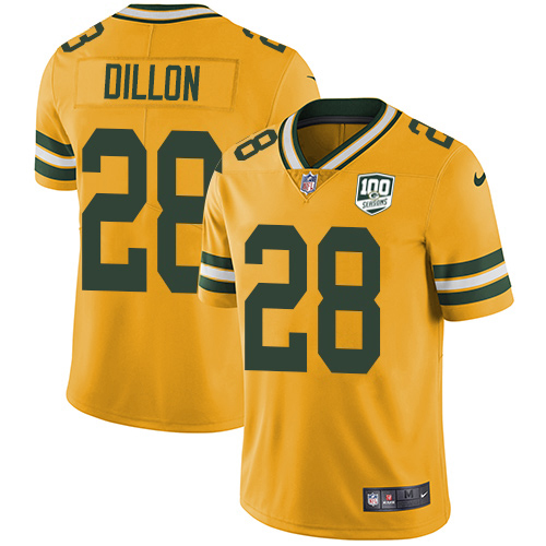 Packers #28 AJ Dillon Yellow Men's 100th Season Stitched Limited Rush Jersey