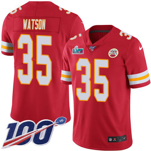 Chiefs #35 Jaylen Watson Red Team Color Super Bowl LVII Patch Youth Stitched 100th Season Vapor Limited Jersey