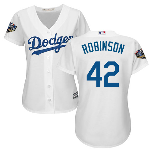 Los Angeles Dodgers #42 Jackie Robinson White Home 2018 World Series Women's Stitched Jersey Womens