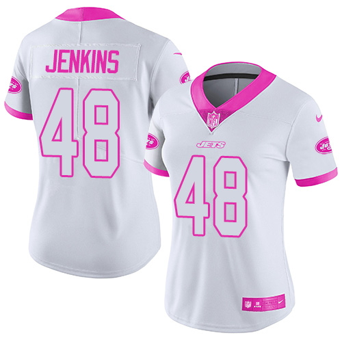 New York Jets #48 Jordan Jenkins White/Pink Women's Stitched Limited Rush Fashion Jersey Womens