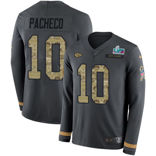 Chiefs #10 Isiah Pacheco Anthracite Salute To Service Super Bowl LVII Patch Youth Stitched Limited Therma Long Sleeve Jersey