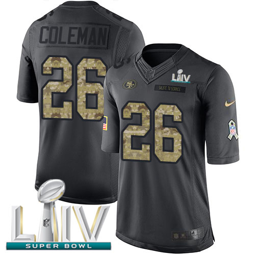 San Francisco 49ers #26 Tevin Coleman Black Super Bowl LIV 2020 Men's Stitched Limited 2016 Salute to Service Jersey Men's