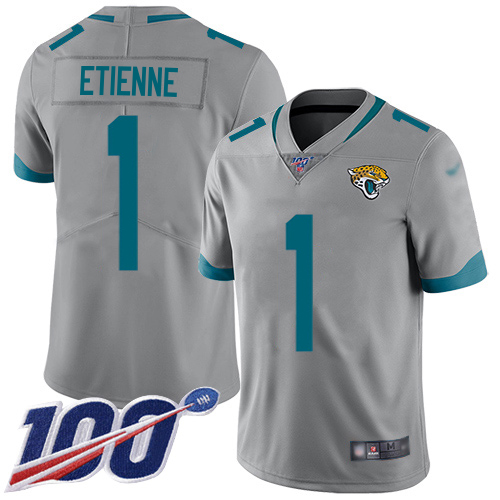 Jaguars #1 Travis Etienne Silver Men's Stitched Limited Inverted Legend 100th Season Jersey
