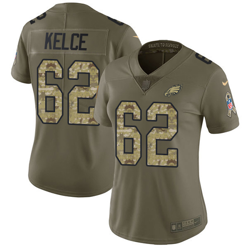 Eagles #62 Jason Kelce Olive/Camo Women's Stitched Limited 2017 Salute To Service Jersey