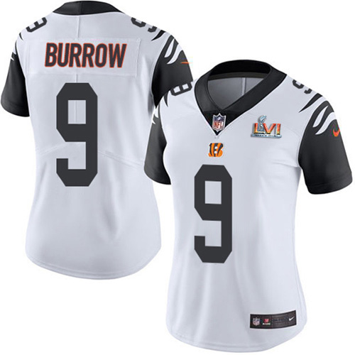 Bengals #9 Joe Burrow White Super Bowl LVI Patch Women's Stitched Limited Rush Jersey