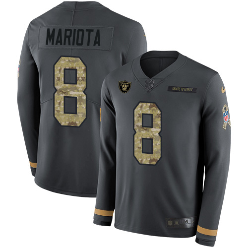 Las Vegas Raiders #8 Marcus Mariota Anthracite Salute to Service Youth Stitched Limited Therma Long Sleeve Jersey Youth