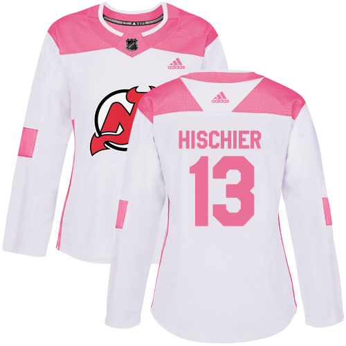 Adidas New Jersey Devils #13 Nico Hischier White/Pink Authentic Fashion Women's Stitched Jersey Womens