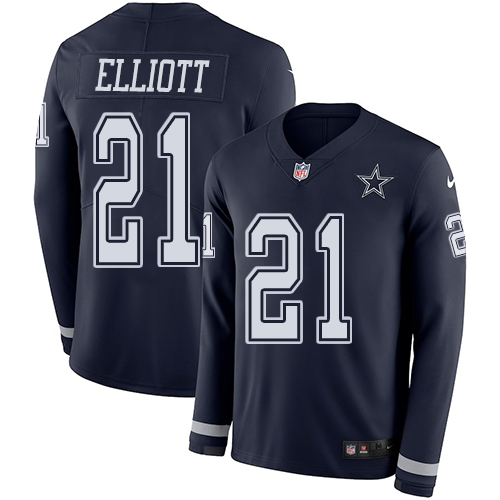 Cowboys #21 Ezekiel Elliott Navy Blue Team Color Youth Stitched Limited Therma Long Sleeve Jersey