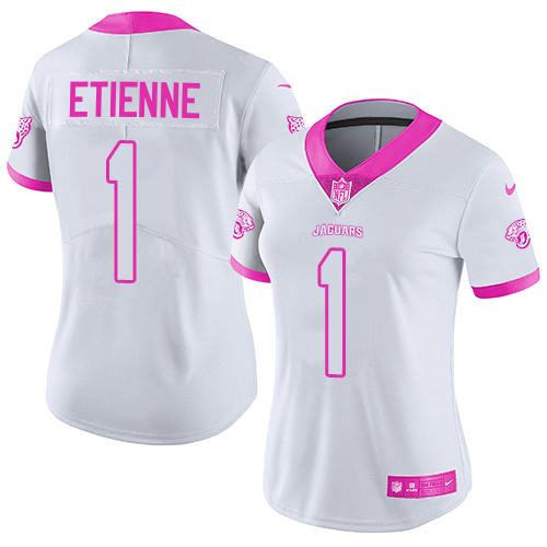 Jaguars #1 Travis Etienne White/Pink Women's Stitched Limited Rush Fashion Jersey