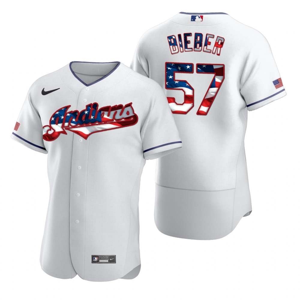 Cleveland Guardians #57 Shane Bieber Men's White Fluttering USA Flag Limited Edition Authentic Jersey