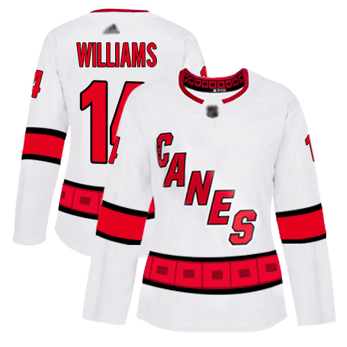 Adidas Carolina Hurricanes #14 Justin Williams White Road Authentic Women's Stitched Jersey Womens