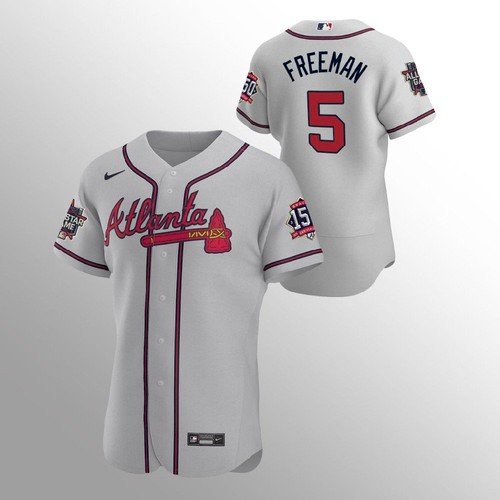 Atlanta Atlanta Braves #5 Freddie Freeman Men's 150th Anniversary 2021 World Series Authentic Jersey - Grey Men's