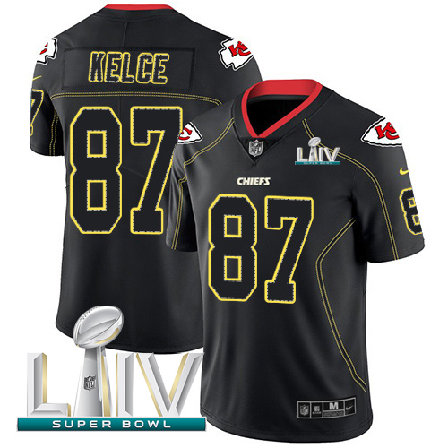 Chiefs #87 Travis Kelce Lights Out Black Super Bowl LIV 2020 Men's Stitched Limited Rush Jersey