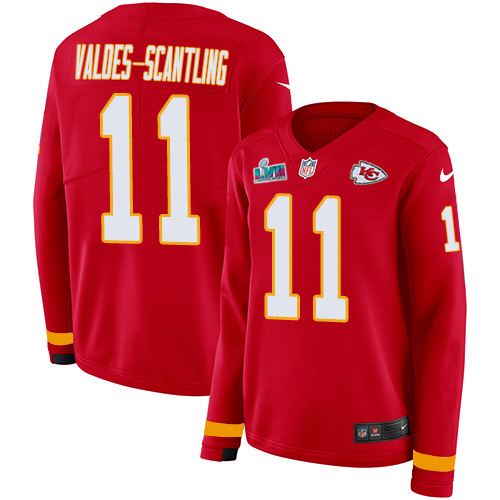 Chiefs #11 Marquez Valdes-Scantling Red Team Color Super Bowl LVII Patch Women's Stitched Limited Therma Long Sleeve Jersey