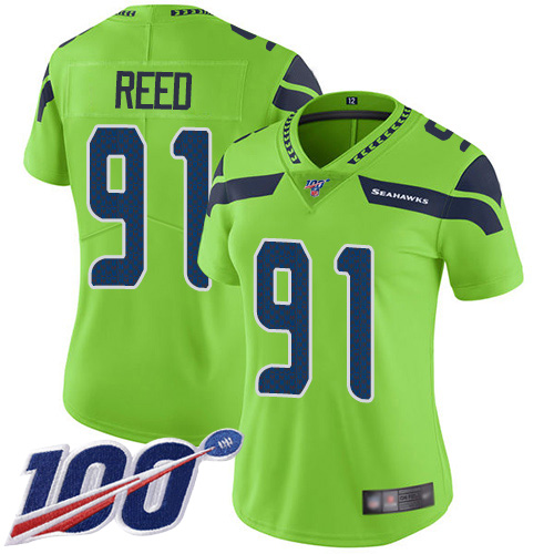 Seattle Seahawks #91 Jarran Reed Green Women's Stitched Limited Rush 100th Season Jersey Womens