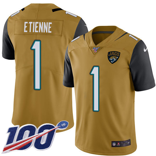 Jaguars #1 Travis Etienne Gold Men's Stitched Limited Rush 100th Season Jersey