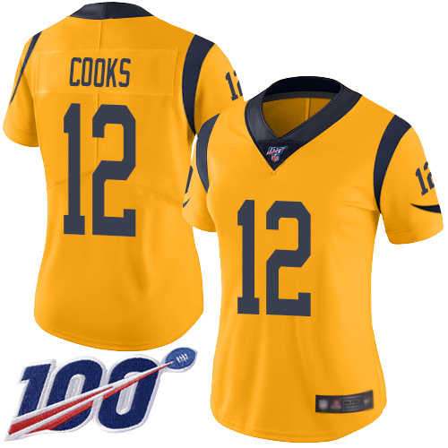 Los Angeles Rams #12 Brandin Cooks Gold Women's Stitched Limited Rush 100th Season Jersey Womens