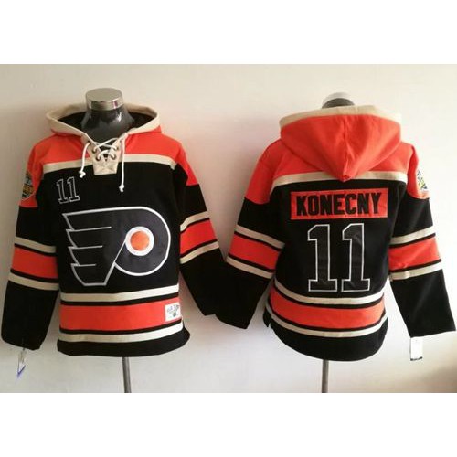 Philadelphia Flyers #11 Travis Konecny Black Sawyer Hooded Sweatshirt Stitched Jersey Men's