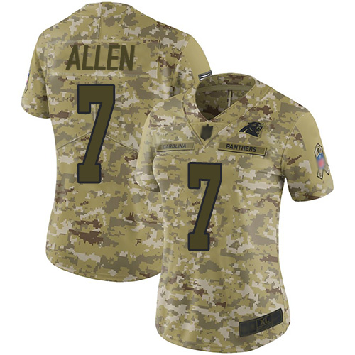 Carolina Panthers #7 Kyle Allen Camo Women's Stitched Limited 2018 Salute to Service Jersey Womens