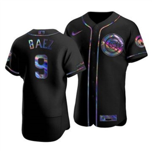 Chicago Chicago Cubs #9 Javier Baez Men's Iridescent Holographic Collection Jersey - Black Men's