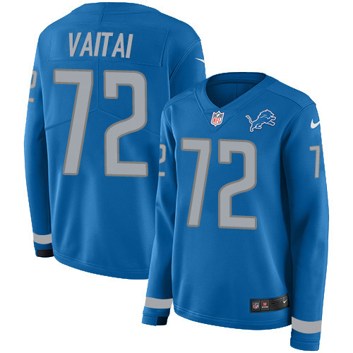 Detroit Lions #72 Halapoulivaati Vaitai Blue Team Color Women's Stitched Limited Therma Long Sleeve Jersey Womens