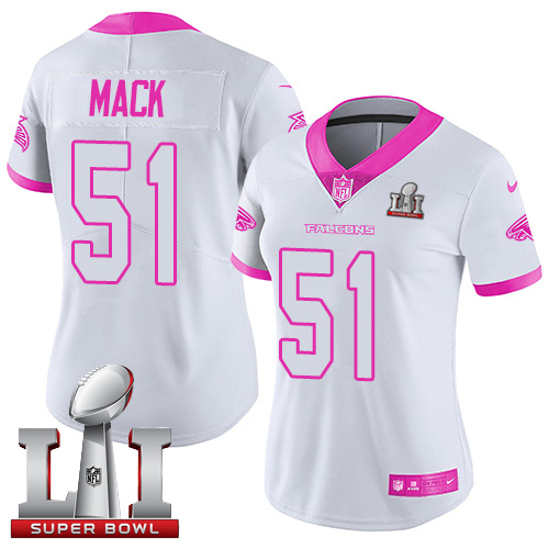 Atlanta Falcons #51 Alex Mack White/Pink Super Bowl LI 51 Women's Stitched Limited Rush Fashion Jersey Womens