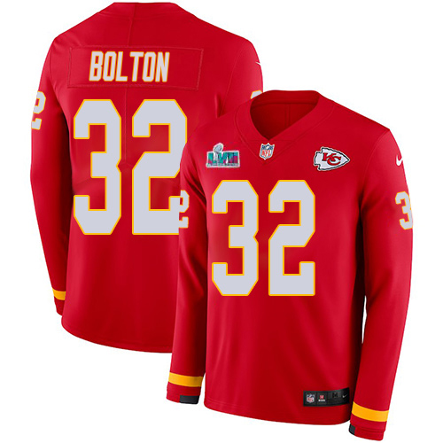 Chiefs #32 Nick Bolton Red Team Color Super Bowl LVII Patch Men's Stitched Limited Therma Long Sleeve Jersey