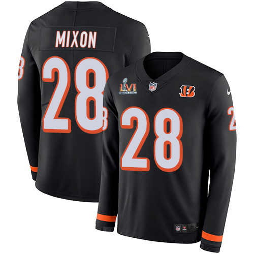 Bengals #28 Joe Mixon Black Team Color Super Bowl LVI Patch Youth Stitched Limited Therma Long Sleeve Jersey