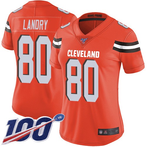 Browns #80 Jarvis Landry Orange Alternate Women's Stitched 100th Season Vapor Limited Jersey