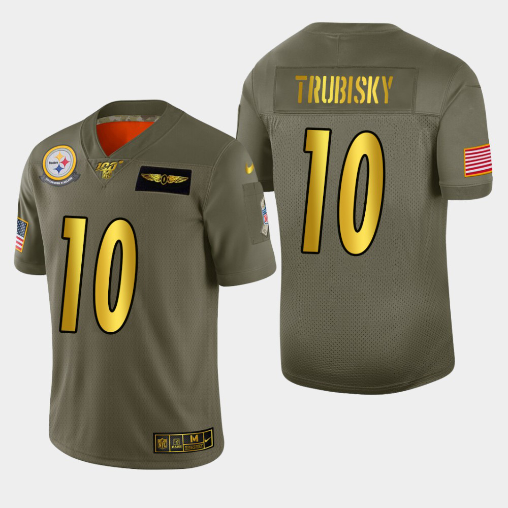 Steelers #10 Mitchell Trubisky Men's Olive Gold 2019 Salute To Service 100 Limited Jersey