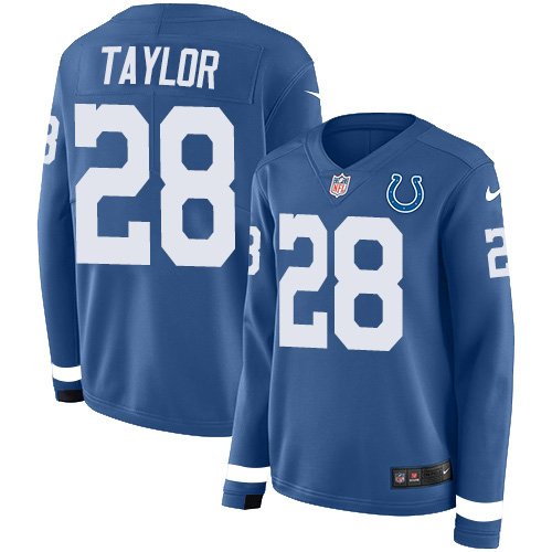 Colts #28 Jonathan Taylor Royal Blue Team Color Women's Stitched Limited Therma Long Sleeve Jersey