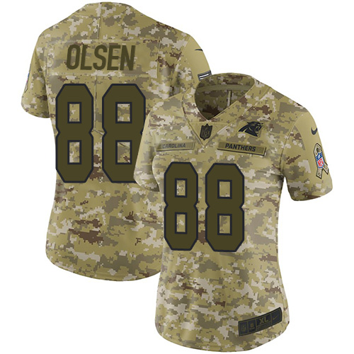 Carolina Panthers #88 Greg Olsen Camo Women's Stitched Limited 2018 Salute to Service Jersey Womens