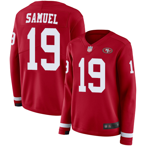 49ers #19 Deebo Samuel Red Team Color Women's Stitched Limited Therma Long Sleeve Jersey