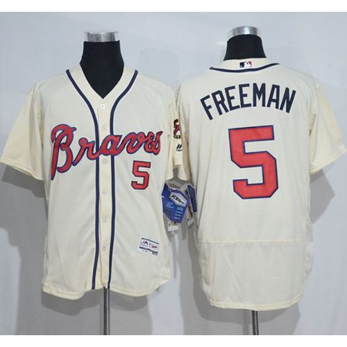 Atlanta Braves #5 Freddie Freeman Cream Flexbase Authentic Collection Stitched Jersey Men's