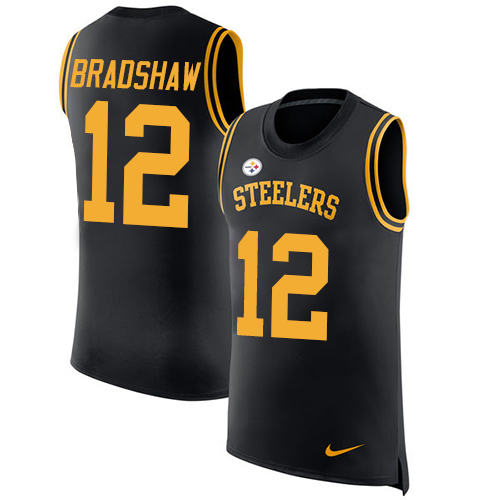 Steelers #12 Terry Bradshaw Black Team Color Men's Stitched Limited Rush Tank Top Jersey