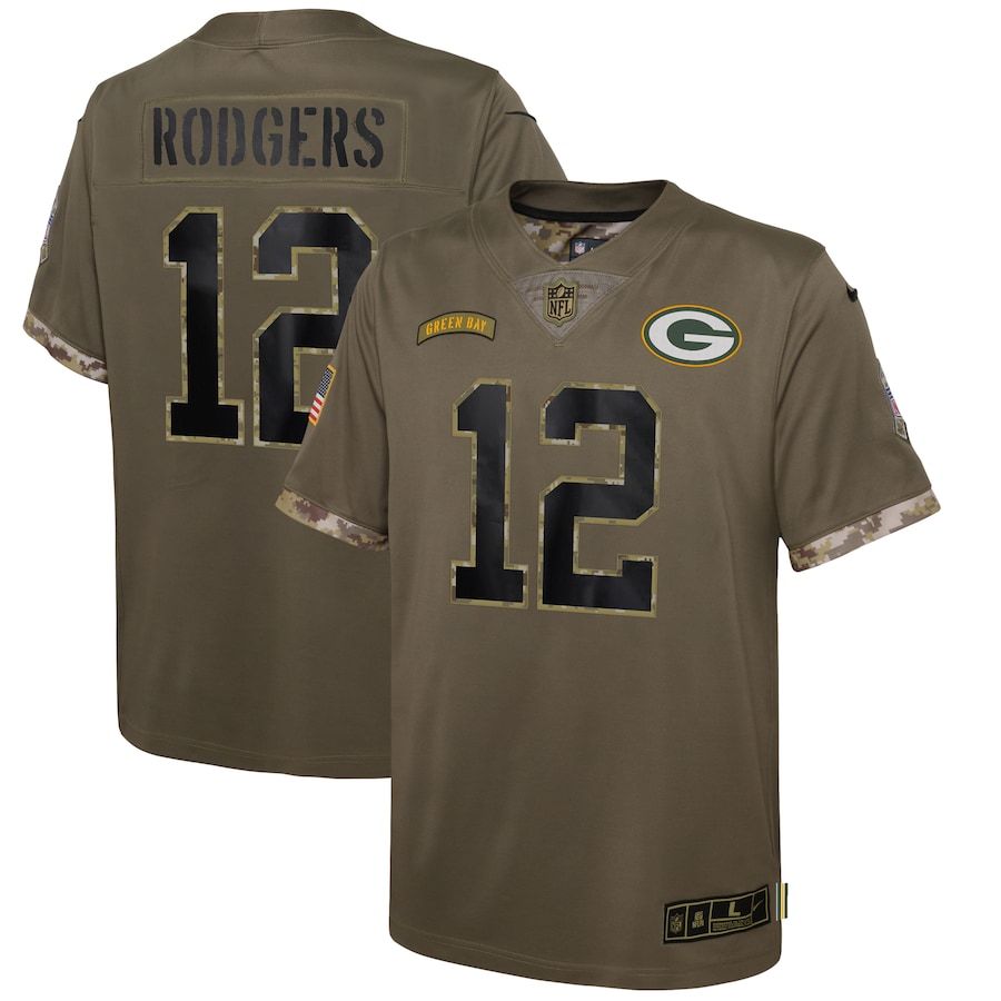 Green Bay Packers #12 Aaron Rodgers Youth 2022 Salute To Service Limited Jersey - Olive