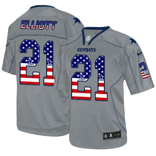 Cowboys #21 Ezekiel Elliott Lights Out Grey Men's Stitched Elite USA Flag Fashion Jersey